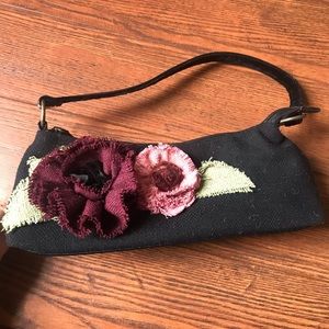 Purse, small, black with flower decor.